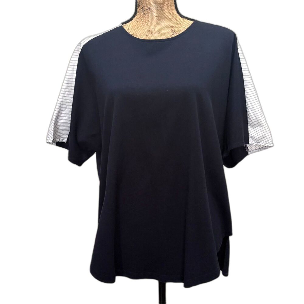 Madewell Oxford Panel Split Back Tee Shirt Navy‎ Blue Pinstripe Size Large